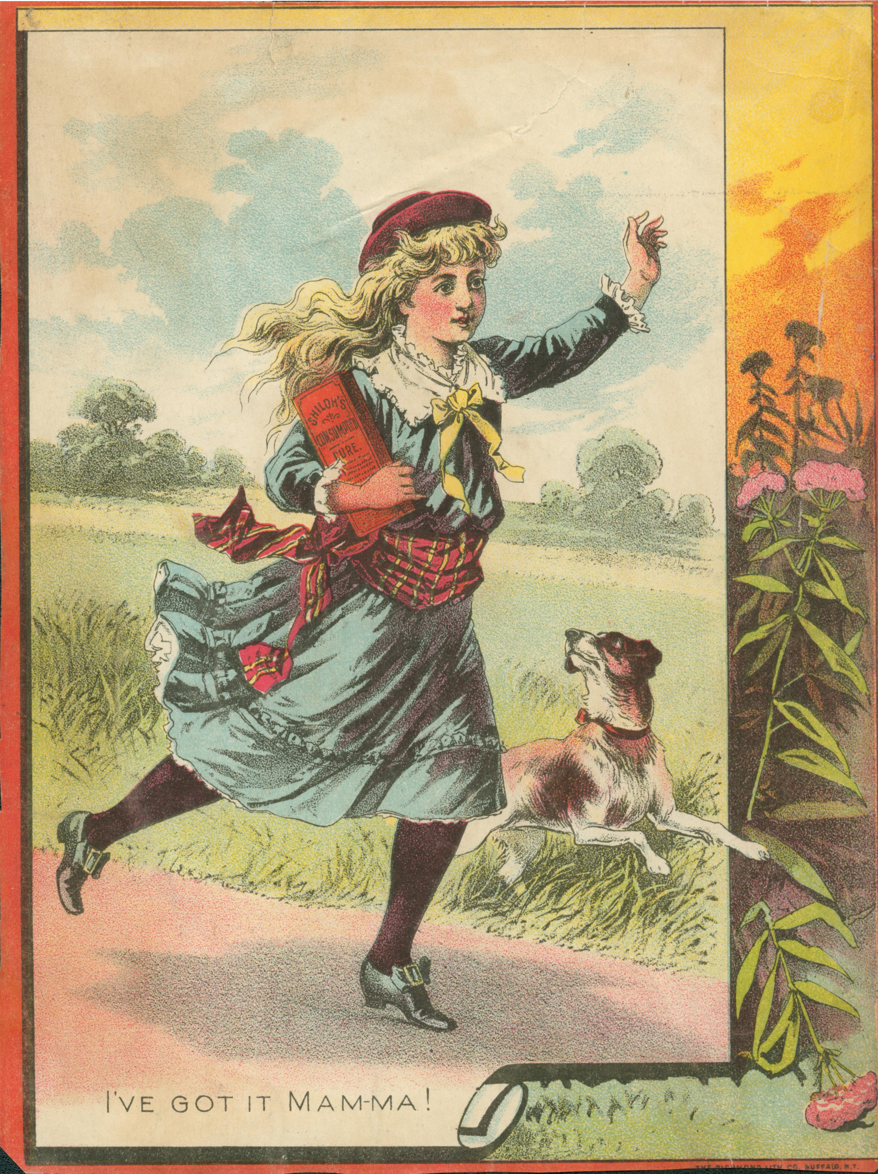 This trade card shows a girl and a dog running down a path. The girl is carrying a box of medicine and calling 'I got it Mama!'
